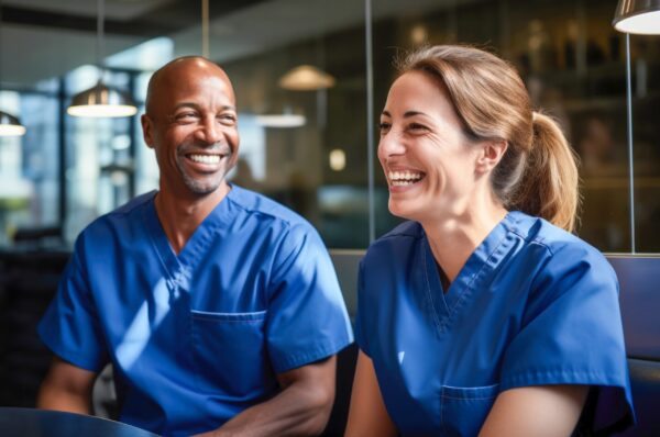 Multicultural doctors laughing during a meeting seminar.