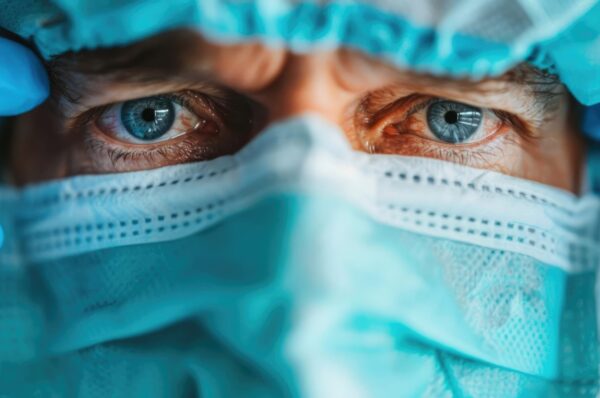 Close-up of surgeon's eyes and mask, intense focus during a critical operation, blue surgical cap and gloves, high-stakes medical scene